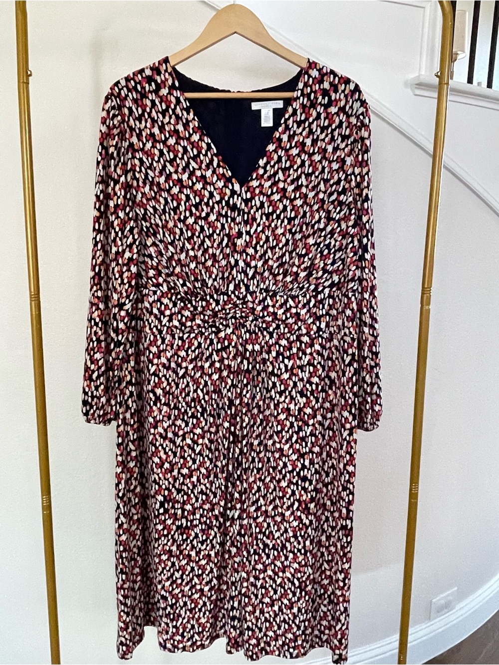 London Times Long Sleeve V-Neck Midi Dress in Black, Red and Cream